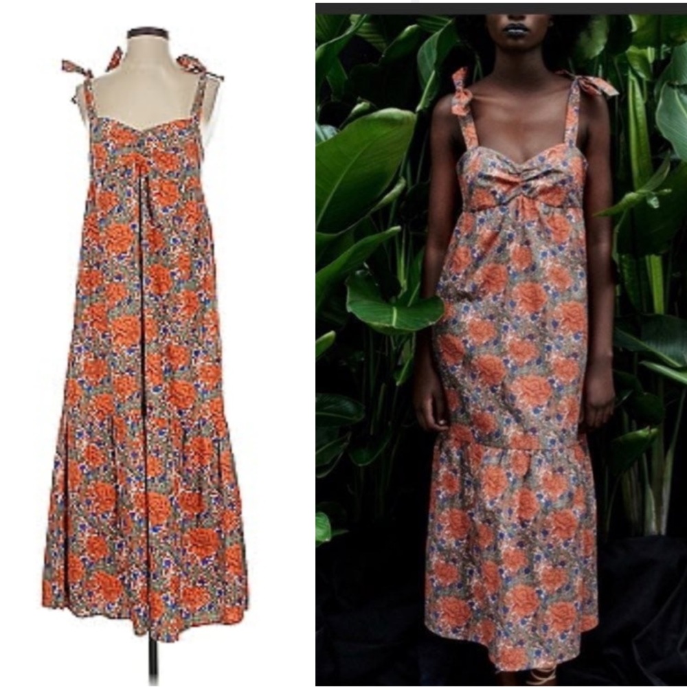 ZARA LONG COTTON PRINTED POPLIN DRESS